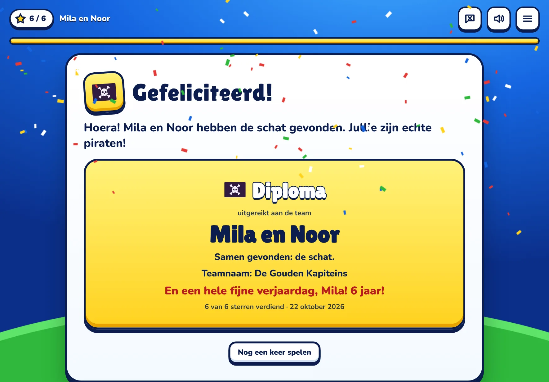Diploma met de namen van de kinderen en een felicitatie voor de jarige.