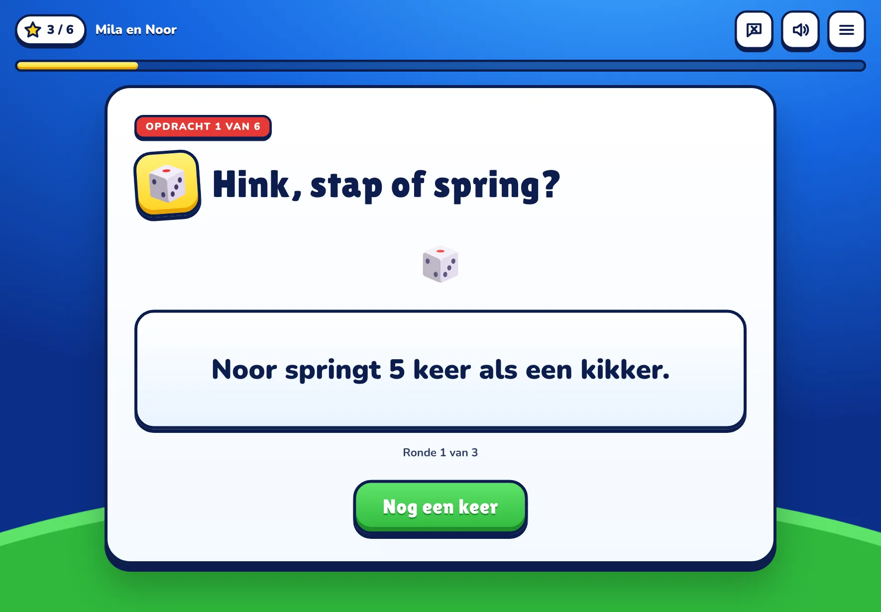Het spel op de iPad: de dobbelsteen zegt dat Mila 5 keer moet hinkelen.